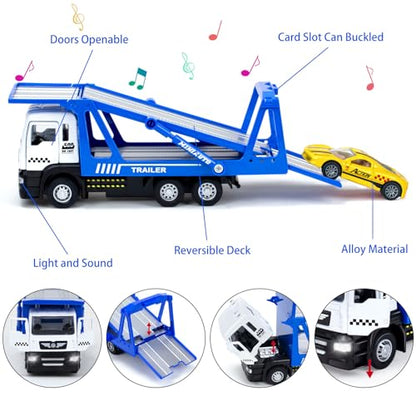 Toy Trucks, Pull Back Transport Truck Toys with 2Pcs Diecast Cars | Lights & Sounds, Alloy Truck with Trailer Transporter Vehicles Set, Toy Trucks for Toddlers Boys 3 4 5 6 7 8 Years Old Gift - style: Transporter Truck