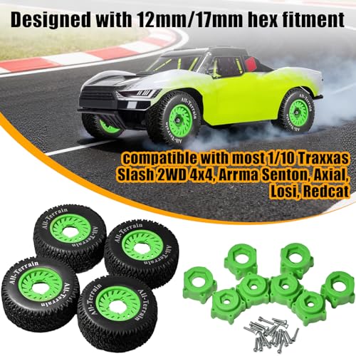 1/10 RC Short Course Truck Tire and Wheel - 12mm/17mm Hex, Green | All-Terrain Tires and Nylon Wheels Compatible with 1/10 Traxxas Slash 4WD 2WD Arrma Senton Axial Losi Redcat RC Buggy, 4-Pack - color: Green