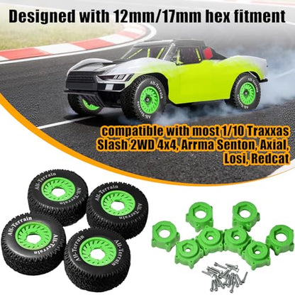 1/10 RC Short Course Truck Tire and Wheel - 12mm/17mm Hex, Green | All-Terrain Tires and Nylon Wheels Compatible with 1/10 Traxxas Slash 4WD 2WD Arrma Senton Axial Losi Redcat RC Buggy, 4-Pack - color: Green