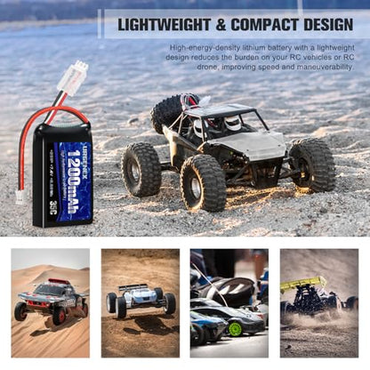 SCX24 Battery 7.4V Lipos 2S 35C(Burst 70C) 1200mAh Rechargeable Lithium Battery with PH2.0 Plug Compatible with Most 1/10, 1/16, 1/18, 1/24 Scale RC Cars Trucks with 1TO2 USB Charger
