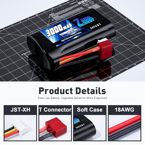 Zeee 2S Li-ion Battery 3000mAh 7.4V T Connector with 7.4V Battery Charger | 2S Rechargeable Battery Compatible with 4WD High Speed RC Car 1/16 Scale RC Car Boat Trucks (2 Pack)