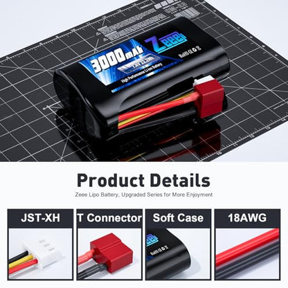 Zeee 2S Li-ion Battery 3000mAh 7.4V T Connector with 7.4V Battery Charger | 2S Rechargeable Battery Compatible with 4WD High Speed RC Car 1/16 Scale RC Car Boat Trucks (2 Pack)