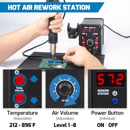 WEP 8786D-I SE Hot Air Soldering Iron Station Kit 2-IN-1 for Rework, Desoldering with Lead-Free Solder Wire, 5 Soldering Tips, 3 Hot Air Nozzles,Tweezers, Desoldering Pump
