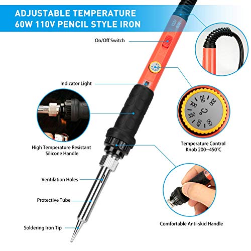 Soldering Iron Kit, 60W Soldering Iron with Ceramic Heater, 5-in-1 Adjustable Temperature Soldering Welding Iron Kit for any Hobby Enthusiast - color: 60w 5-in-1