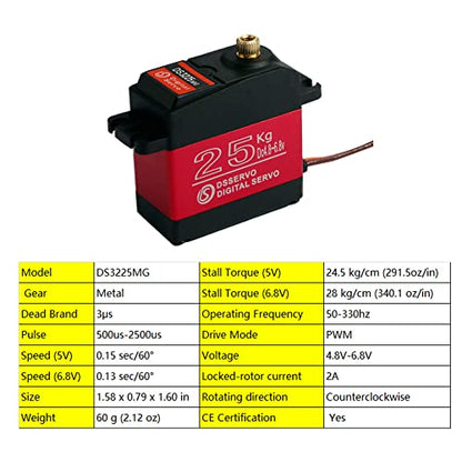 4PCS DS3225 25KG Digital Rc Servo, High Torque Waterproof Full Metal Gear RC DS Servo Motor with 25T Servo Arm for Baja Car Robotic Arm 1/8 1/10 1/12 Crawler Truck Boat (Angle 270 Degree)