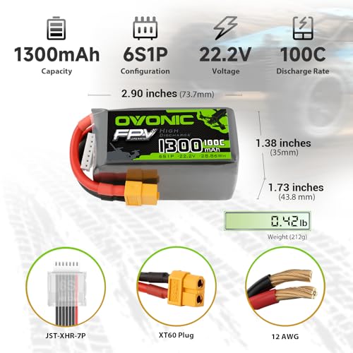 OVONIC 6S 1300mAh Lipo Battery 22.2V 100C Battery with XT60 Plug for RC Car Truck RC Vehicles Boat Drone RC Airplane Quadcopter Helicopter FPV Racing Hobby Models [1 Package Including 4 Batteries]