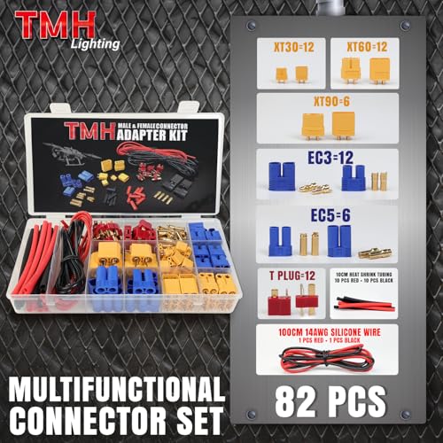 TMH 82 Pcs T-Plug EC3 EC5 XT30 XT60 XT90 Male & Female Plug Adapter Connector with Silicone Wire + Heat Shrink Tube for RC ESC Lipo Battery Motor Accessories (82 PCS) - size: 82 Pcs
