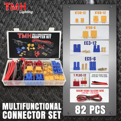 TMH 82 Pcs T-Plug EC3 EC5 XT30 XT60 XT90 Male & Female Plug Adapter Connector with Silicone Wire + Heat Shrink Tube for RC ESC Lipo Battery Motor Accessories (82 PCS) - size: 82 Pcs