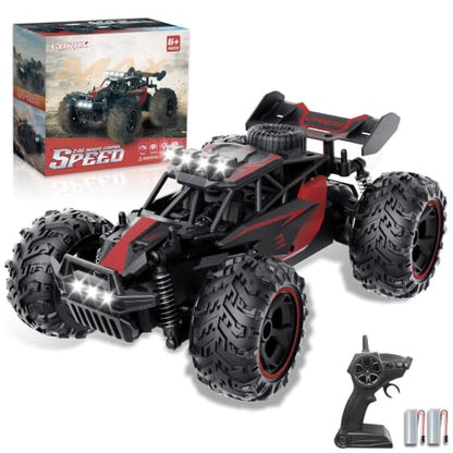 Carox Remote Control Car, 2.4GHz 25KM/H High Speed RC Car, 1:18 Off-Road Monster Truck with LED Lights– Ideal Gift for Boys 6+ - color: Red