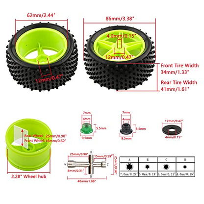 1/10 RC Rubber Tire 4pcs Front & Rear Tires and Wheels with Flange Lock Nuts Washers and Wrench for 1/10 Off Road RC Buggy Redcat Tornado S30 EPX HSP Tamiya Kyosho HPI, Green - color: Green