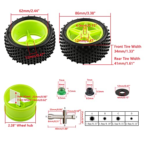 1/10 RC Rubber Tire 4pcs Front & Rear Tires and Wheels with Flange Lock Nuts Washers and Wrench for 1/10 Off Road RC Buggy Redcat Tornado S30 EPX HSP Tamiya Kyosho HPI, Green - color: Green