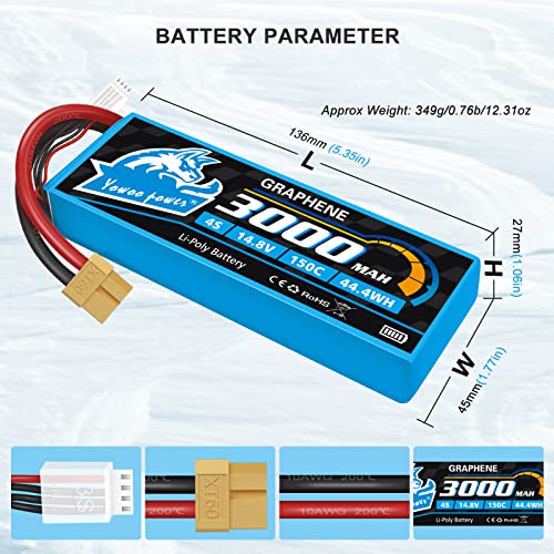 Yowoo 4S 14.8V 3000mAh 150C Graphene LiPo Battery 2-Pack XT60 | Soft case, high discharge. Fits RC airplanes, helicopters, cars, boats, drones & FPV. Adapters for EC3/T/TR/Tamiya available.