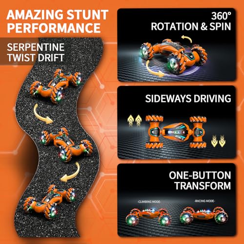 Gesture Sensing RC Stunt Car with Light Music and Mist Spray for Kids 6+, 4WD Off-Road Drift Remote Control Car, 2.4GHz Glove Remote, Rechargeable Toy Vehicle for Boys and Girls Birthday Gift - color: Orange