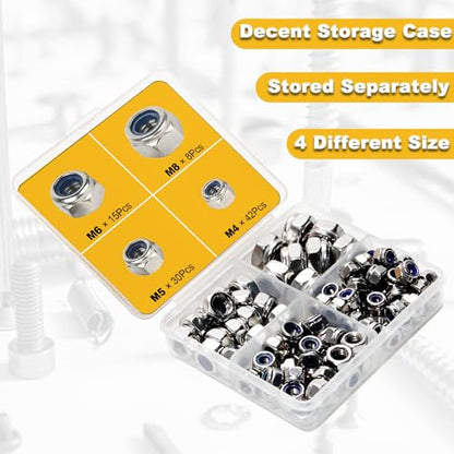M8 M6 M5 M4 Locknuts Assortment Kit 95PCS Nylon Insert | Metric M4x0.7mm M5x0.8mm M6x1.0mm M8x1.25mm 304 Stainless Steel Self-Locking Right Hand - size: M4-M8 Assortment (95PCS)