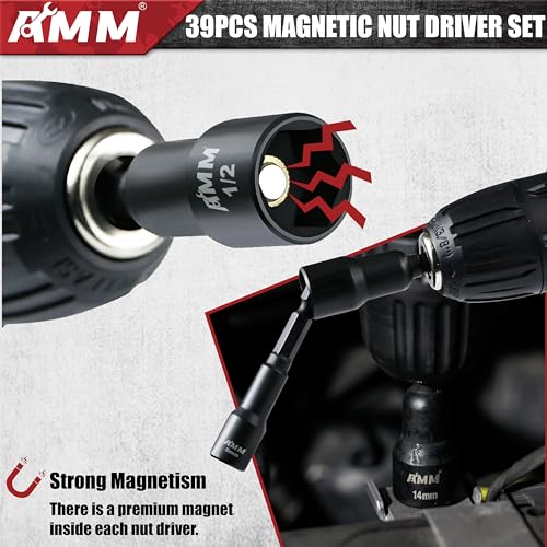 AMM 39PCS Magnetic Nut Driver Set for Impact Drill, Includes Metric & SAE Impact Driver Bit Set, Bit Extension & Drill Bit Adapter | 1/4" Hex Shank | Cr-V Steel - size: 39PC Magnetic Nut Driver Set