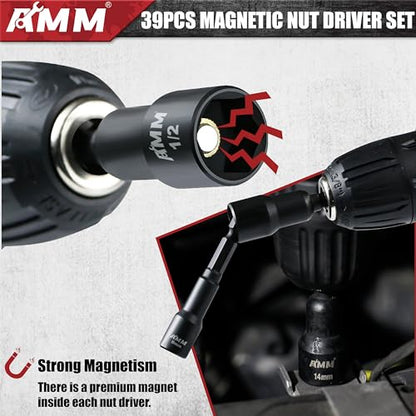 AMM 39PCS Magnetic Nut Driver Set for Impact Drill, Includes Metric & SAE Impact Driver Bit Set, Bit Extension & Drill Bit Adapter | 1/4" Hex Shank | Cr-V Steel - size: 39PC Magnetic Nut Driver Set