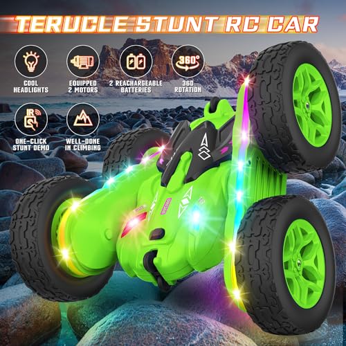 Remote Control Car, Rc Cars Stunt RC Car Toys Upgraded Strip Lights and Headlights Kids Toys Double-Sided 360° Rotating 4WD Drift Truck for Boys Girls Birthday Gift (Green) - color: Green