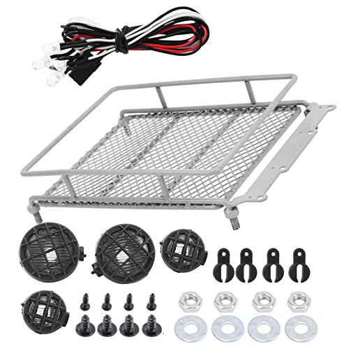 RC Crawler Roof Rack, Metal Luggage Carrier with LED Light, Simulation Accessories, Silver for Off-Road RC Cars and Trail Exploration Enthusiasts - color: Silver