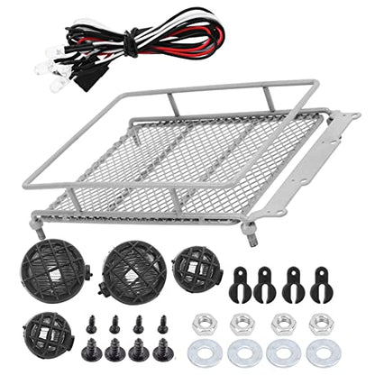 RC Crawler Roof Rack, Metal Luggage Carrier with LED Light, Simulation Accessories, Silver for Off-Road RC Cars and Trail Exploration Enthusiasts - color: Silver