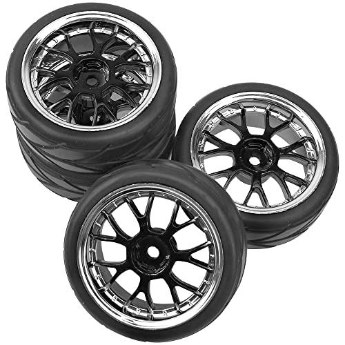 4Pcs HIRCQOO OD 2.55" 1/10 On Road Rubber Tires & 12mm Hex Hub Plastic Wheel Rims Compatible with Traxxas HSP Tamiya HPI Kyosho Redcat 1/10 On-Road Touring Car
