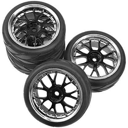 4Pcs HIRCQOO OD 2.55" 1/10 On Road Rubber Tires & 12mm Hex Hub Plastic Wheel Rims Compatible with Traxxas HSP Tamiya HPI Kyosho Redcat 1/10 On-Road Touring Car