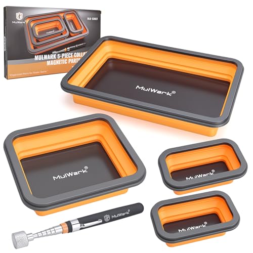 MULWARK 4Pcs Collapsible Magnetic Tray with 15Lb Magnetic Pickup Tool, 3 Sizes Silicone Magnetic Parts Tray for Organizing Screw Bolts Nuts Washers Pins Repair Tools Workshop
