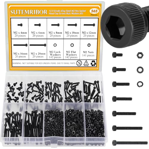 565 Pieces M2 Screws Nuts Washers Set Black, Sutemribor M2 x 4/6/8/10/12/16/20mm Hex Socket Head Cap Screws Nuts Washers Assortment Kit, 12.9 Grade Alloy Steel, Fully Threaded - size: M2, style: Socket Head
