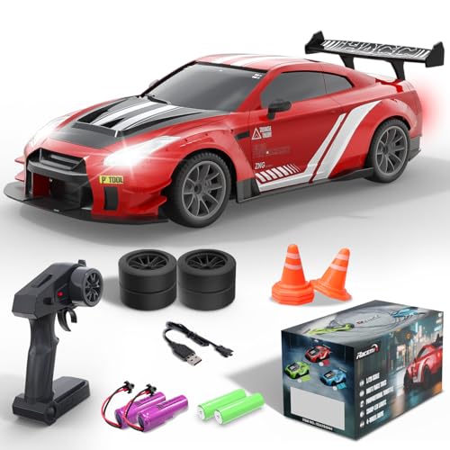 Drift RC Car, 1:20 Scale 2.4GHz 4WD 20KM/H Remote Control Cars | drift tires & racing tires, 2 batteries, LED lights, proportional throttle control, red - color: Red