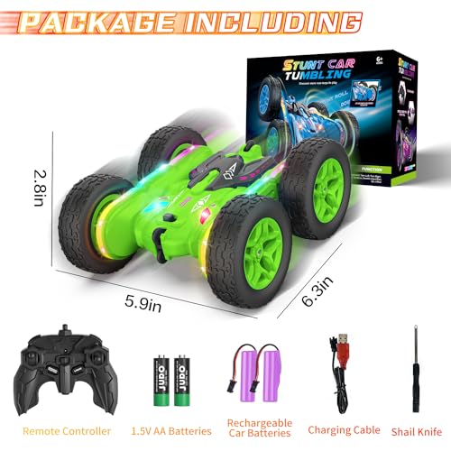 Remote Control Car, Rc Cars Stunt RC Car Toys Upgraded Strip Lights and Headlights Kids Toys Double-Sided 360° Rotating 4WD Drift Truck for Boys Girls Birthday Gift (Green) - color: Green