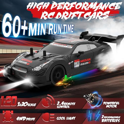 RC Drift Car 1:20 Scale Remote Control Cars 2.4GHz 4WD High Speed RTR Racing Vehicle with LED Lights 2 Rechargeable Batteries and Drifting Tires Racing Sport Toy Car for Adults Kids Boys Girls - color: Black