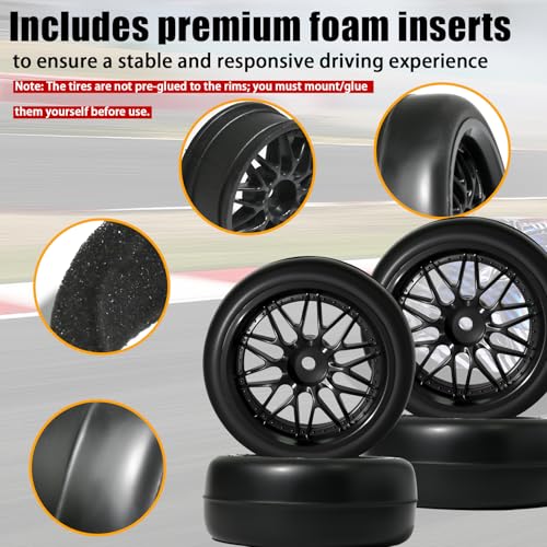 OD 2.55" On Road Rubber Tires Nylon Wheels- 12mm Hex for 1/10 RC Racing Car | Compatible with MJX HSP Tamiya HPI Kyosho Traxxas Sakura Redcat WLtoys 1/10 RC On-Road Racing Touring Car (4pcs, Black) - style: A-Black