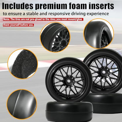 OD 2.55" On Road Rubber Tires Nylon Wheels- 12mm Hex for 1/10 RC Racing Car | Compatible with MJX HSP Tamiya HPI Kyosho Traxxas Sakura Redcat WLtoys 1/10 RC On-Road Racing Touring Car (4pcs, Black) - style: A-Black