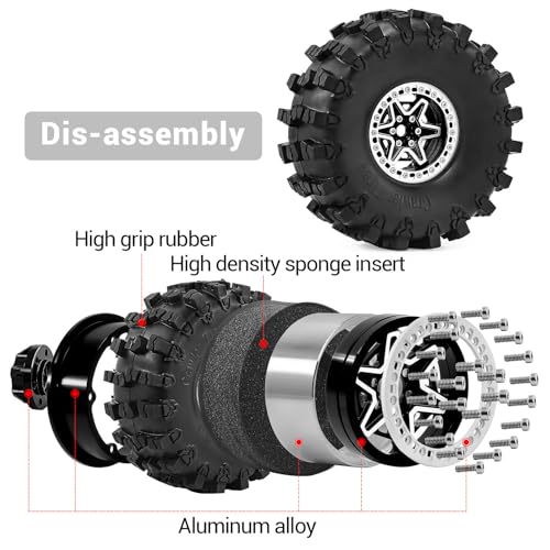 2.2" Beadlock Wheels and Tires 150mm (5.91in) for SCX10 RBX10 Wraith TRX4 1/10 RC Crawler Upgrade Parts (Black, 4pcs) - color: Black 2