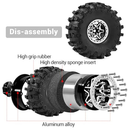 2.2" Beadlock Wheels and Tires 150mm (5.91in) for SCX10 RBX10 Wraith TRX4 1/10 RC Crawler Upgrade Parts (Black, 4pcs) - color: Black 2