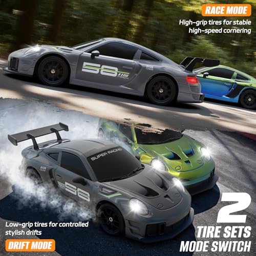 RC Drift Car, 1:24 4WD Remote Control Cars Vehicle with LED Light,2.4GHz 20KM/H High Speed RC Cars with Two Batteries & Drifting Tires Racing Sport Toy for Adults Boys Girls Kids - color: Grey