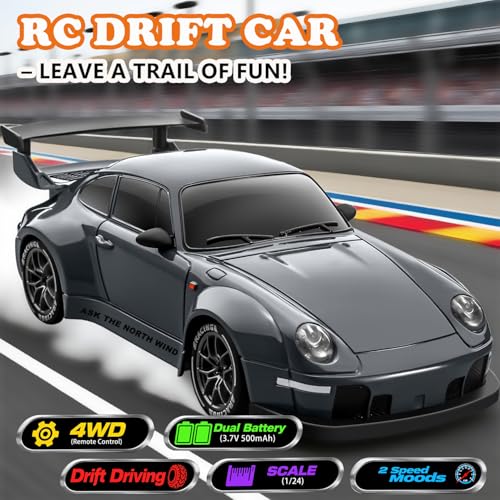 RC Drift Car, 1:24 Scale Remote Control Vehicle with LED Lights,Drifting Tires＆Two Batteries, Racing Sports Toy Idea Gift for Adults Boys Girls and Kids Gray - color: Gray