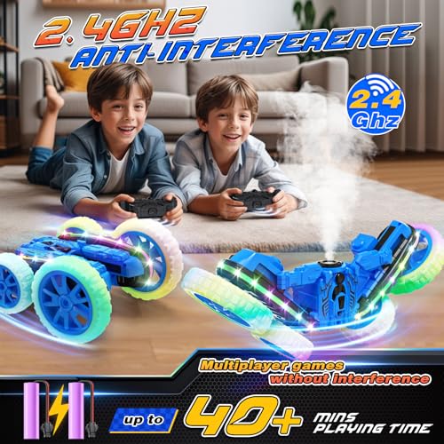 Jimdella RC Cars Toys, 2-in-1 Remote Control Car Transform 4WD with Spray & LED Lights, 2.4GHz Off-Road Stunt Truck for 360° Flips Gift for Boys Age 8-12 (Blue) - color: Blue