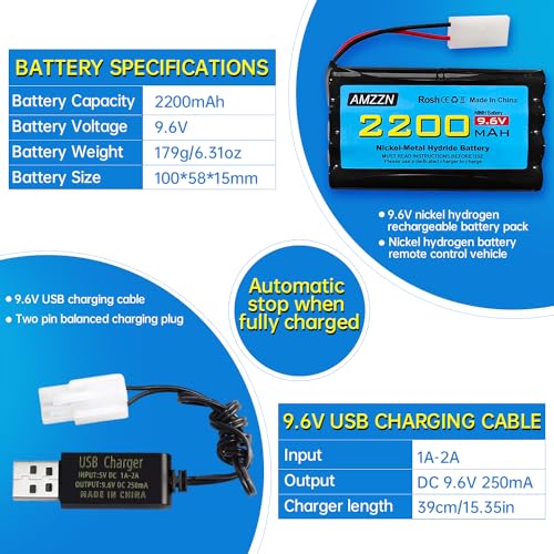 9.6V 2200mAh AA NiMH Battery with Tamiya Plug and USB Charging Cable for RC Toy Cars, Trucks, Tanks, Engineering Vehicles, RC Ships, Rechargeable Battery Accessories (1PCS Battery+1 USB)