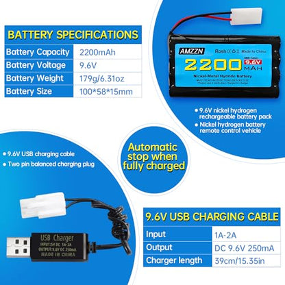9.6V 2200mAh AA NiMH Battery with Tamiya Plug and USB Charging Cable for RC Toy Cars, Trucks, Tanks, Engineering Vehicles, RC Ships, Rechargeable Battery Accessories (1PCS Battery+1 USB)