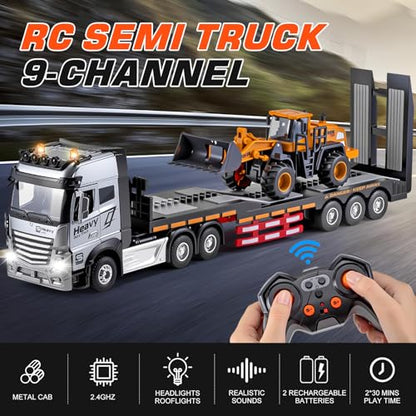 9 Channel RC Semi Truck Metal Cab, 2.4Ghz Remote Control Truck and Trailer | RC Tow Truck Construction Vehicle with Lights and Sounds, Birthday Gift for Kids Boys 14.6"