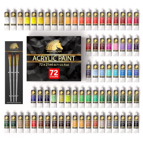 MyArtscape Heavy Body Acrylic Paint Set - 72 x 21ml with 3 Brushes | Rich pigment heavy body acrylic paint with 3 brushes for canvas wood fabric crafts and multi surface projects