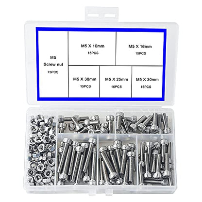 newlng M5 304 Stainless Steel Bolts and Nuts, Hex Flat Head Cap Bolts Screws Nuts Hexagon Socket Head Screw,Heavy Duty Hex Bolts Nuts Assortment, Head Mechanical Parts Combination Box - size: M5