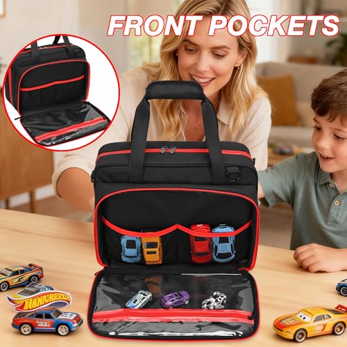 Monster Truck Case for Monster Jam 1:64 Scale, Holds 34 Cars | Storage Bag with 6 Clear TPU Zipper Pockets, Front Pocket, D-Ring, Top Handles and Detachable Shoulder Strap, Black