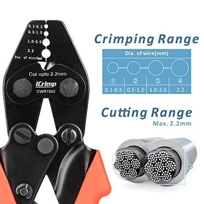 iCrimp Wire Rope Crimper Cutter Set with 150pcs Ferrules | Fits 0.1–2.2mm oval & double sleeves for cable railing DIY, compact ratchet swaging pliers