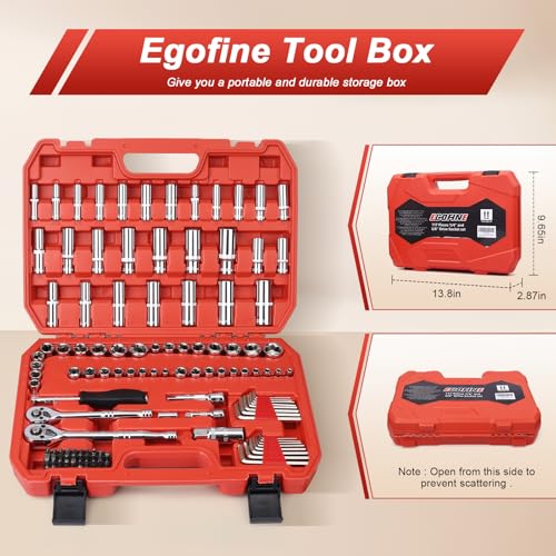 Egofine 117 Pieces 1/4 & 3/8 inch Drive Socket Ratchet Wrench Set, Metric/SAE Size, with Bit Socket Set and Extension Bar for Auto Repairing and Household, with Storage Case - style: 3/8" & 1/4" 117 PCS with 72 Teeth Ratchet
