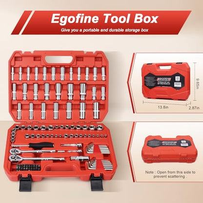 Egofine 117 Pieces 1/4 & 3/8 inch Drive Socket Ratchet Wrench Set, Metric/SAE Size, with Bit Socket Set and Extension Bar for Auto Repairing and Household, with Storage Case - style: 3/8" & 1/4" 117 PCS with 72 Teeth Ratchet