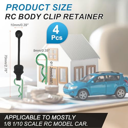 MECCANIXITY 4 Pcs RC Body Clip Retainers, 1.2mm Rod RC Clips Shell Fixed Buckle Lock Springy R Pins Shell Replacement Parts for All 1/8 1/10 Scale Model Car Crawler Truck(Green) - color: Green Tab Green Clip