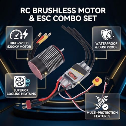 Diydeg RC Brushless Motor ESC Combo, Water Proof 3650 5200KV Brushless Motor & 75A ESC Combo Set, 3.175mm Shaft Smart Sensorless for 1/10 1/8 RC Car Truck