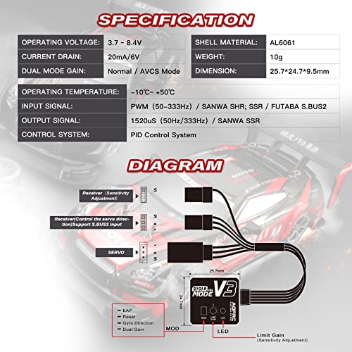 AGFRC Dual-Gain RC Drift Gyro with Aluminum Case (GY01 V3) | Dual Gain Modes: Normal & AVCS, 10g, 3.7-8.4V, EPA Setting, SBUS2/PWM/Sanwa SSR/SHR Compatible, PID Control