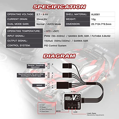 AGFRC Dual-Gain RC Drift Gyro with Aluminum Case (GY01 V3) | Dual Gain Modes: Normal & AVCS, 10g, 3.7-8.4V, EPA Setting, SBUS2/PWM/Sanwa SSR/SHR Compatible, PID Control